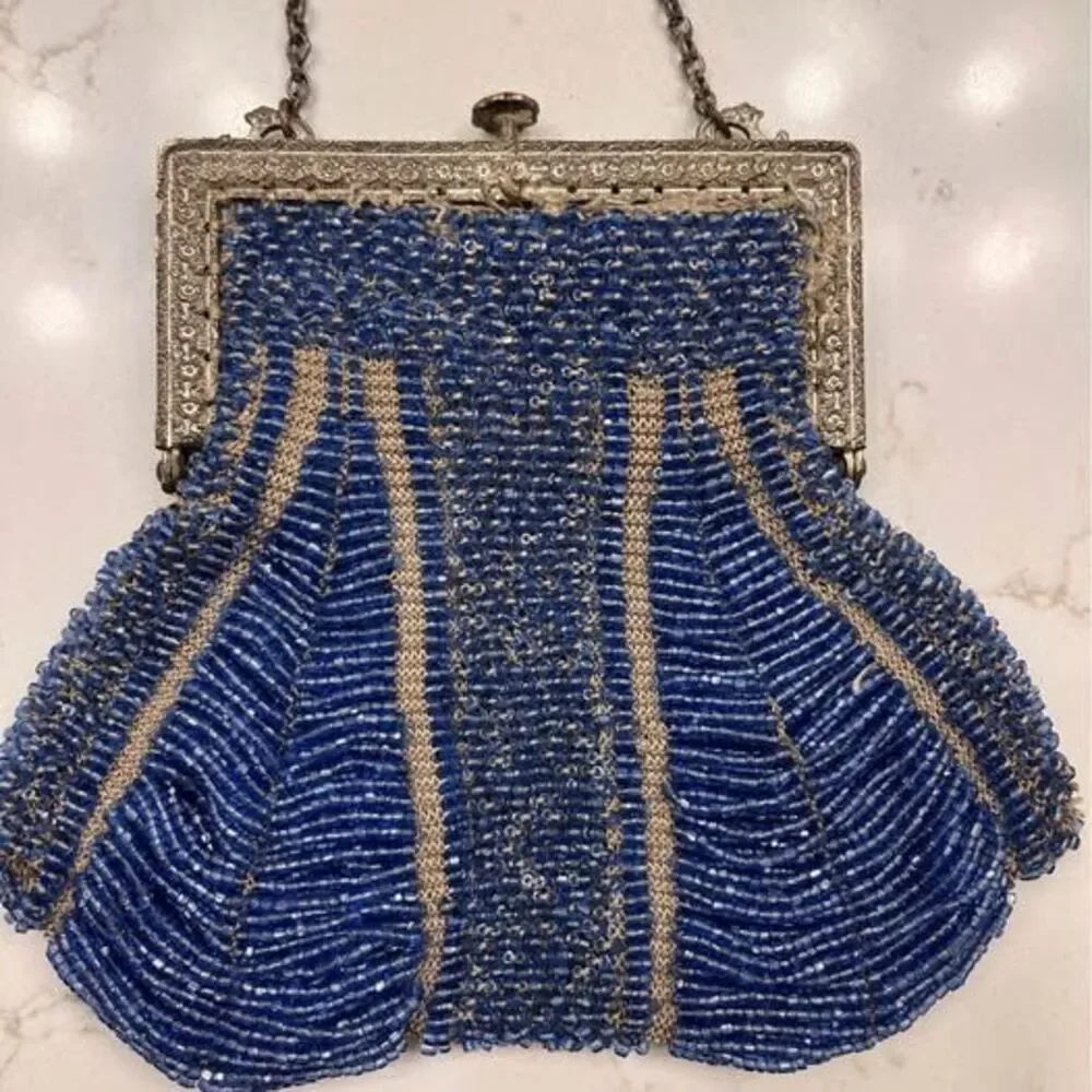 Antique 1920's Art Deco Micro Beaded Flapper Purse Cobalt Blue Gold Ornate Frame